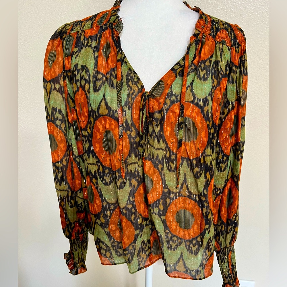 Ulla Johnson women’s 0 Anita blouse Nocturne pattern orange green gold l/s